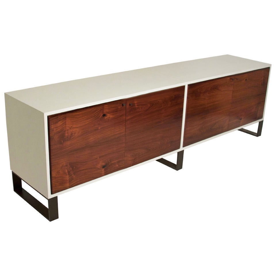 Salvaged Caviuna & White Leather Credenza by Thomas Hayes Studio