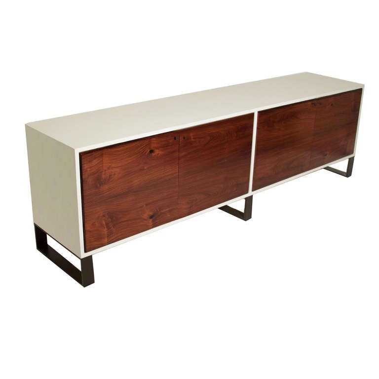 American Salvaged Caviuna & White Leather Credenza by Thomas Hayes Studio