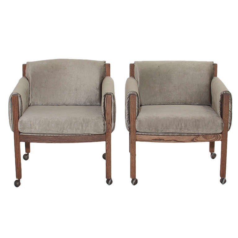 Mid-Century Modern Pair of Midcentury Solid Oak and Velvet Fabric Armchairs For Sale