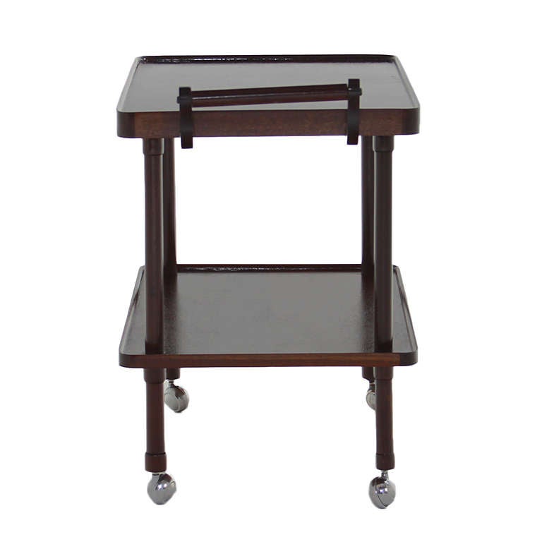 American Two Teared Sculptural Mahogany and Chrome Bar Tea Service Cart For Sale