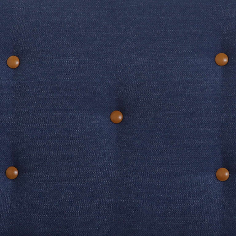 Solid Walnut Sofa Upholstered in Blue Denim with Leather Accents In Good Condition For Sale In Hollywood, CA