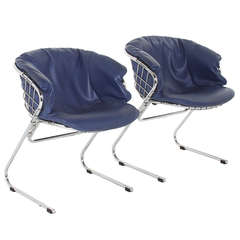 Pair of Italian Chairs Upholstered in Blue Leather