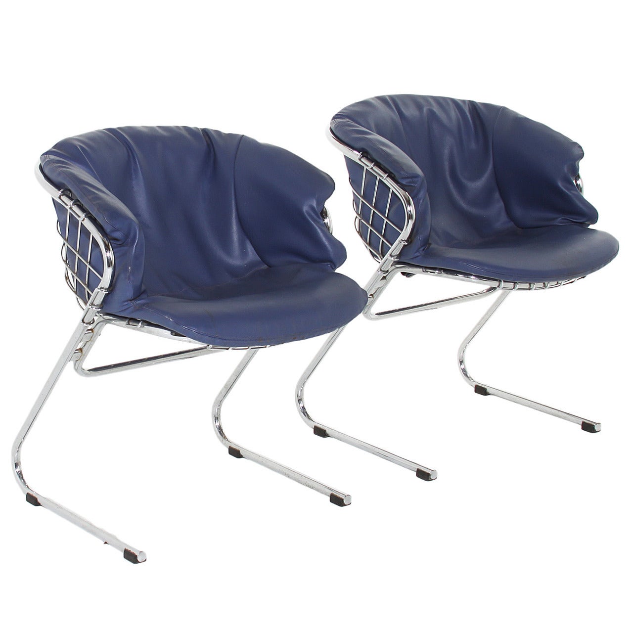 Pair of Italian Chairs Upholstered in Blue Leather For Sale