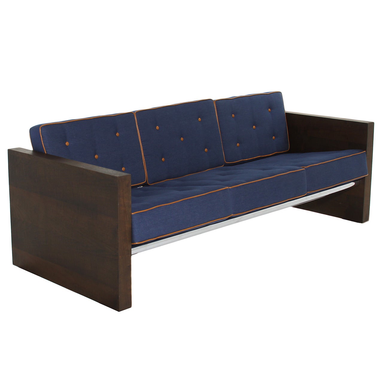 Solid Walnut Sofa Upholstered in Blue Denim with Leather Accents For Sale