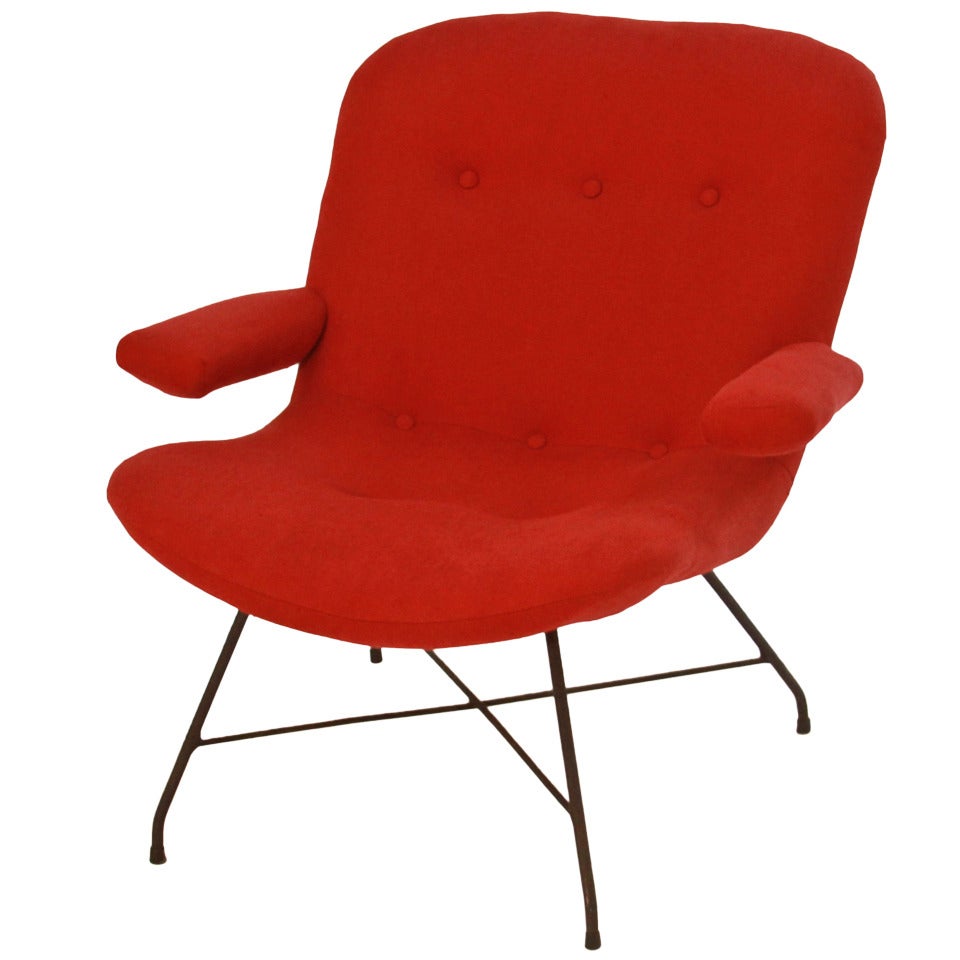 Martin Eisler Red Fabric and Iron Armchair Lounge Chair For Sale