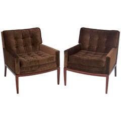 Retro Pair of Tufted Brown Walnut & Mohair Armchairs with Detailed Wood Accent Back 
