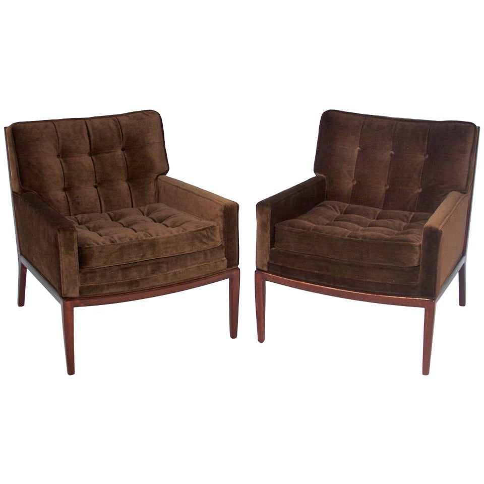 Pair of Tufted Brown Walnut & Mohair Armchairs with Detailed Wood Accent Back 