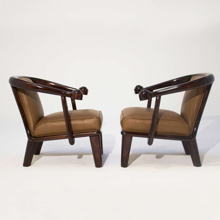 Monteverdi-Young Mahogany and Leather Sculptural Vintage Armchairs  In Good Condition For Sale In Los Angeles, CA