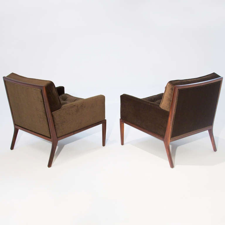 Mid-20th Century Pair of Tufted Brown Walnut & Mohair Armchairs with Detailed Wood Accent Back 