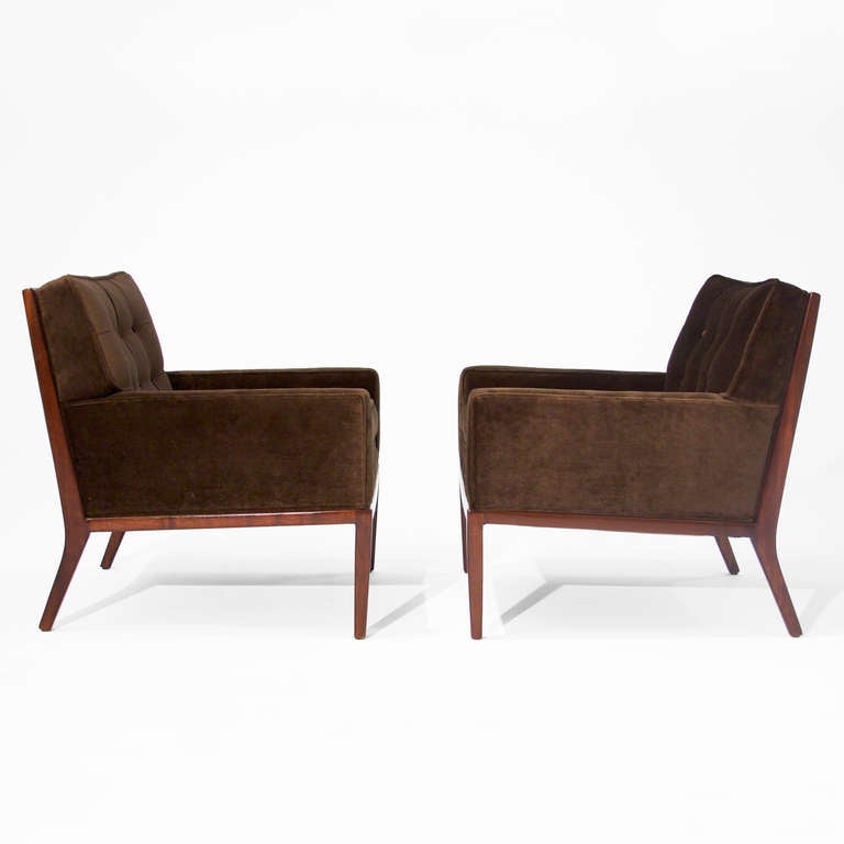 An elegant pair of tufted brown mohair arm chairs with sculpted wood frames. Very comfortable. 

Additional measurements:
Seat depth: 21".
Arm height 22.5".

In order to preserve our inventory, after restoration we blanket wrap and store