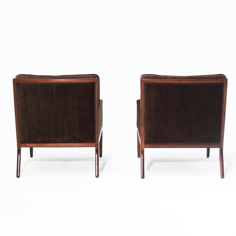 Pair of Tufted Brown Walnut & Mohair Armchairs with Detailed Wood Accent Back  In Good Condition In Los Angeles, CA