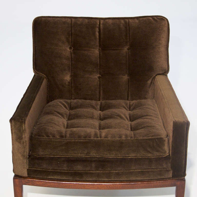 Pair of Tufted Brown Walnut & Mohair Armchairs with Detailed Wood Accent Back  1