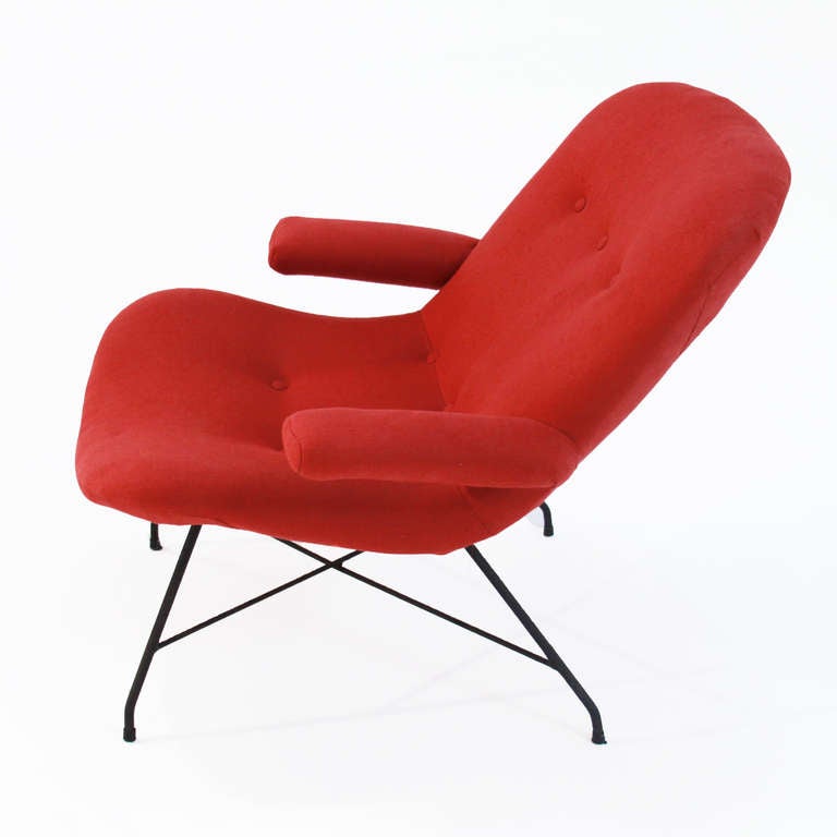 Brazilian Martin Eisler Red Fabric and Iron Armchair Lounge Chair For Sale