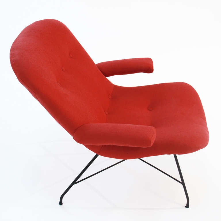 Martin Eisler Red Fabric and Iron Armchair Lounge Chair In Good Condition For Sale In Los Angeles, CA