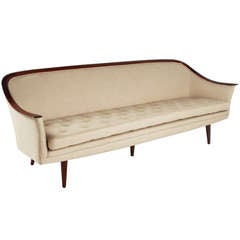 Tufted Linen and Sculptural Teak Swedish Sofa 3