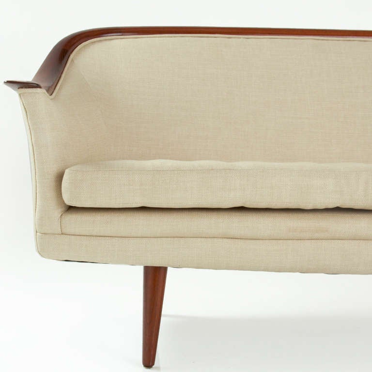 Mid-20th Century Tufted Linen and Sculptural Teak Swedish Sofa For Sale