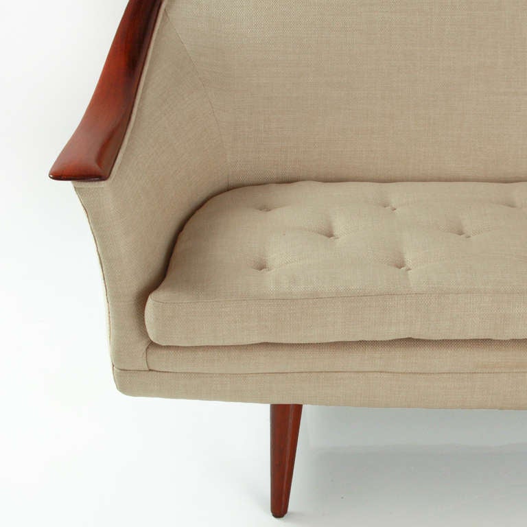 Tufted Linen and Sculptural Teak Swedish Sofa For Sale 1