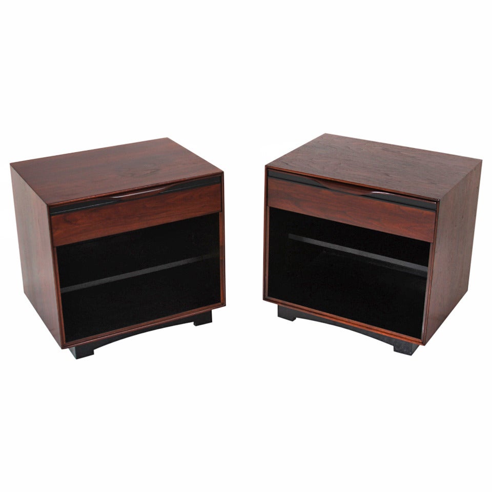 Pair of Walnut and Black Trim Nightstands by Glenn of California For Sale