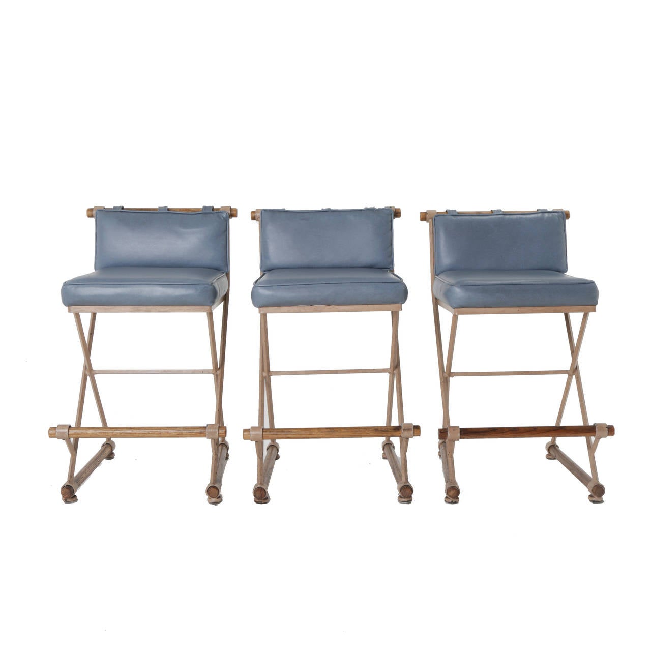 American Set of Three Cleo Baldon Campaign Counter Stools in Blue Vinyl
