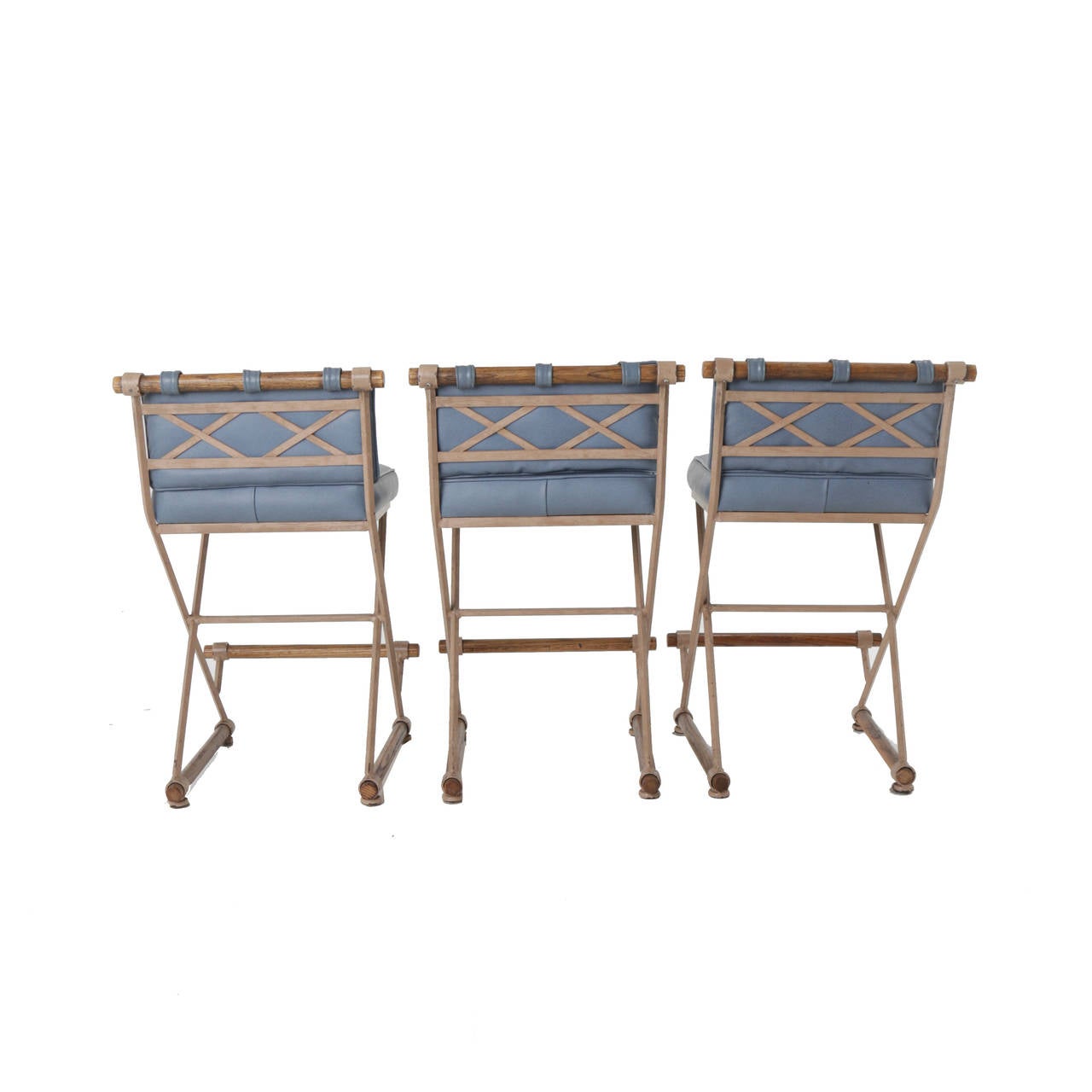 Faux Leather Set of Three Cleo Baldon Campaign Counter Stools in Blue Vinyl