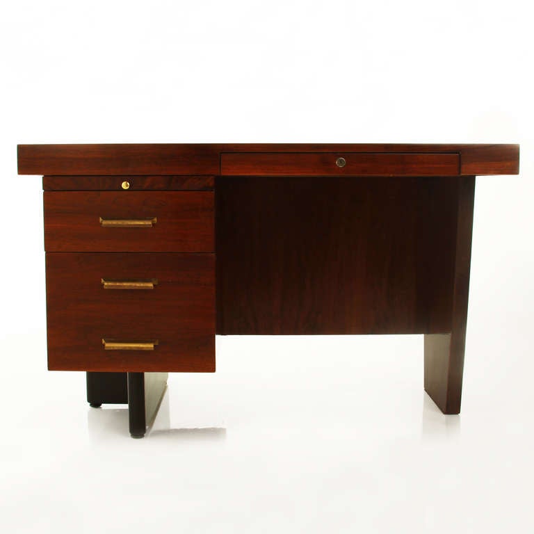 Vintage Edward Wormley Petite Walnut and Bronze Secretary Desk In Good Condition For Sale In Los Angeles, CA