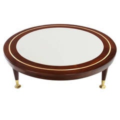 Vintage Three Leg, Round Coffee Table with Inset Leather Top and Brass Accents