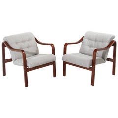 Vintage Pair of Linen & Solid Sculpted Walnut Arm Chairs
