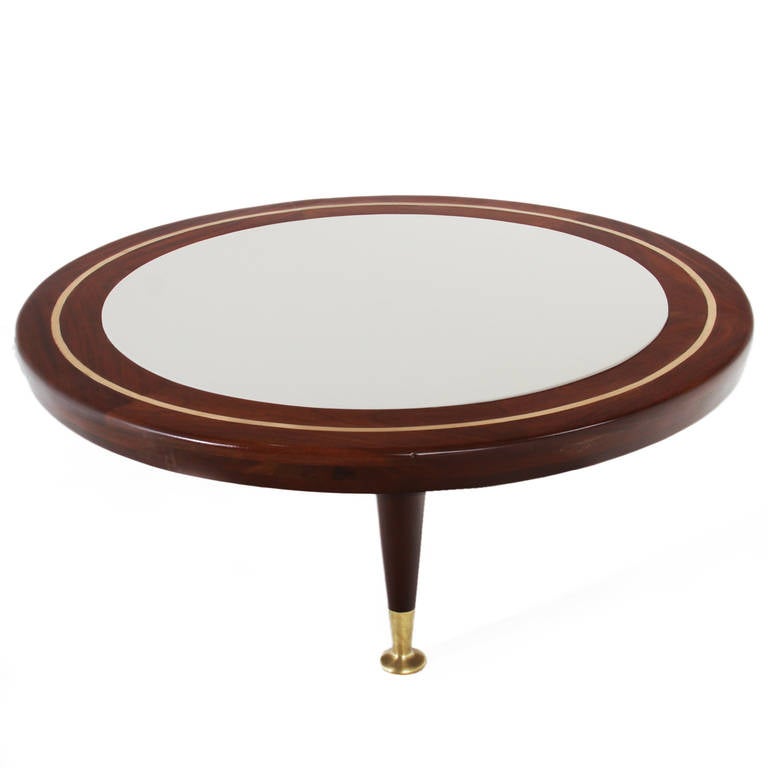 Three Leg, Round Coffee Table with Inset Leather Top and Brass Accents