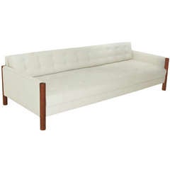 Custom tufted linen and Apitong wood sofa by Thomas Hayes Studio