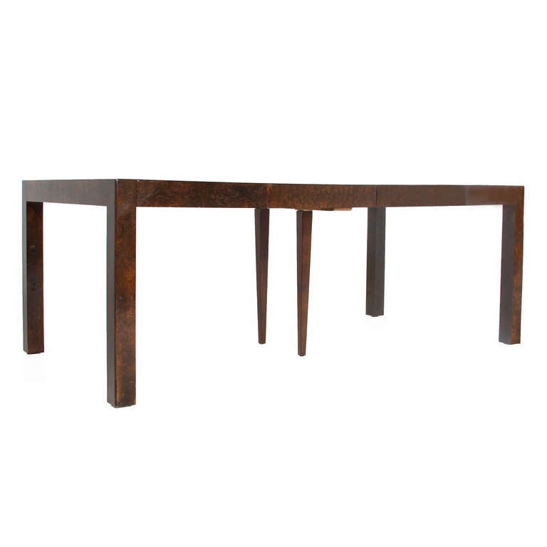 American Milo Baughman for Parsons Burled Walnut Extendable Dining Table For Sale