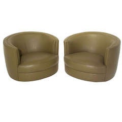 Used Pair of Olive Green Barrel-Back Swivel Lounge Chairs