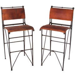 Pair of Vintage Iron and Leather Bar Stools by Ilana Goor