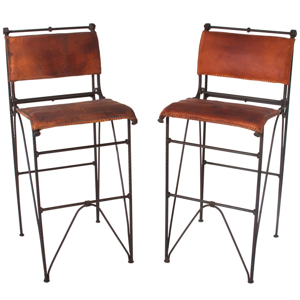 Pair of Vintage Iron and Leather Bar Stools by Ilana Goor For Sale