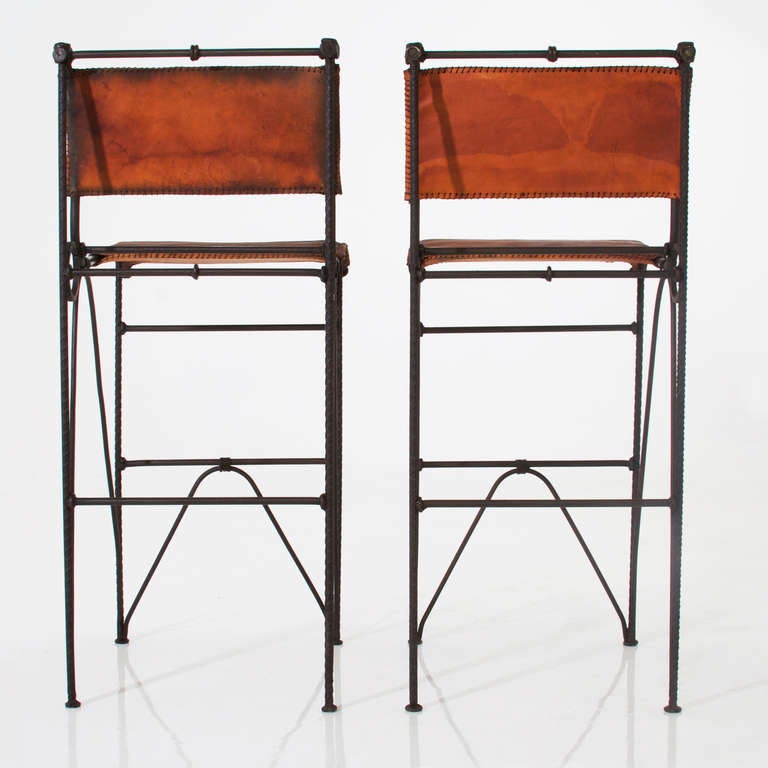 Pair of Vintage Iron and Leather Bar Stools by Ilana Goor In Distressed Condition For Sale In Los Angeles, CA