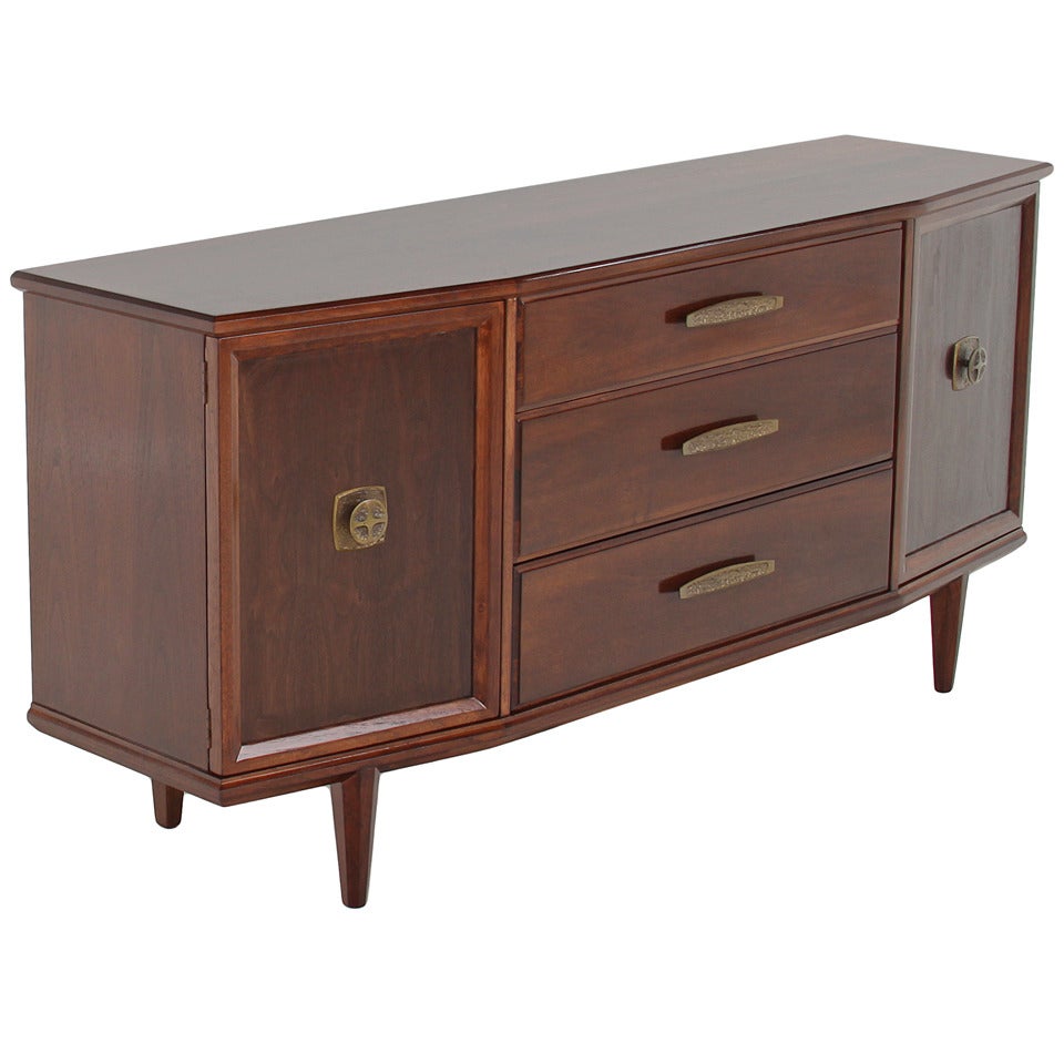 Mid-Century Modern Monteverdi-Young Angular Walnut Buffet with Bronze Details For Sale