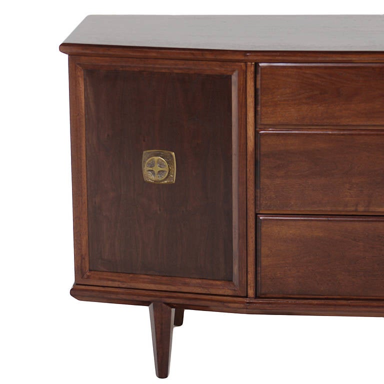 Mid-20th Century Mid-Century Modern Monteverdi-Young Angular Walnut Buffet with Bronze Details For Sale