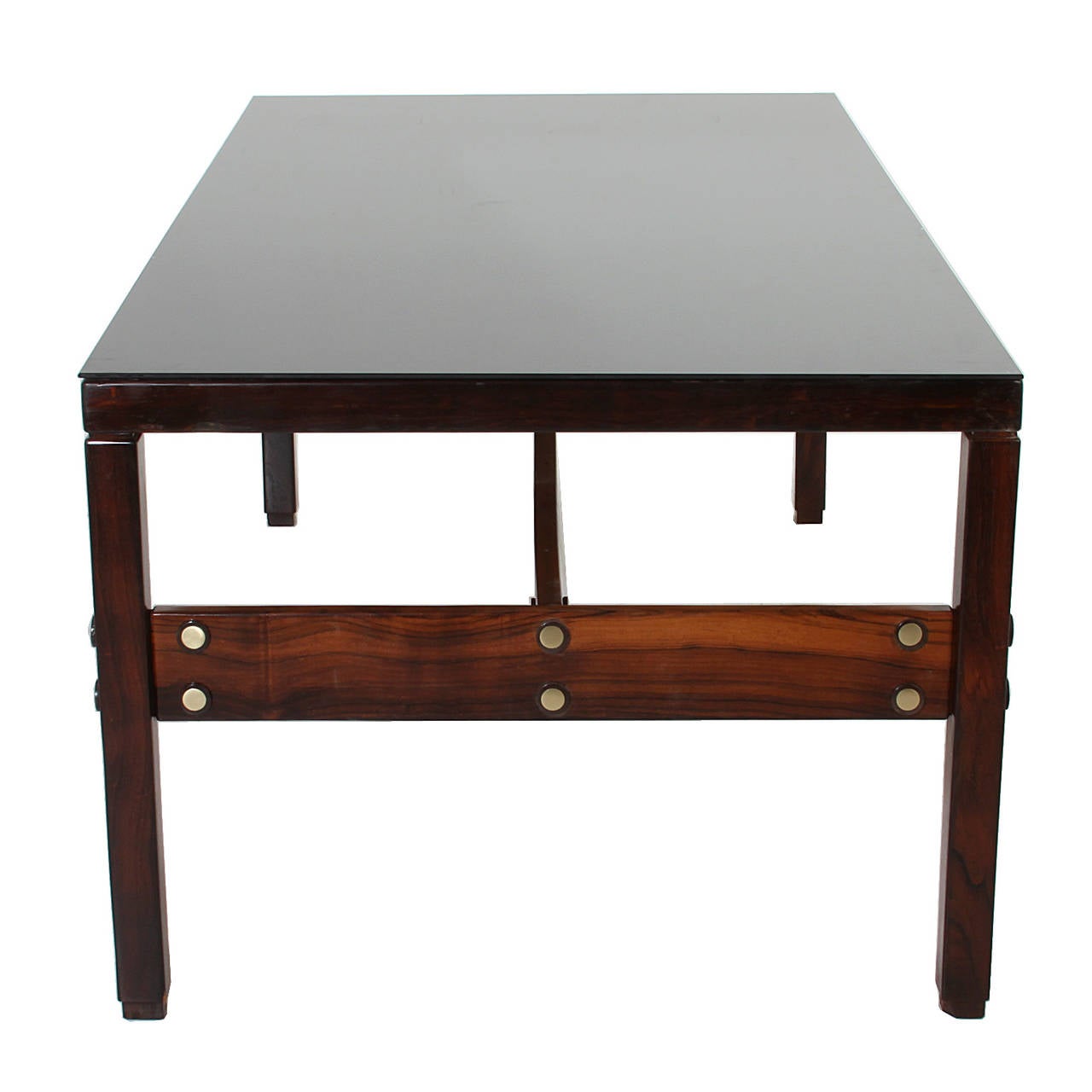 Brazilian Sergio Rodrigues Rosewood and Brass Executive Desk with Black Glass Top