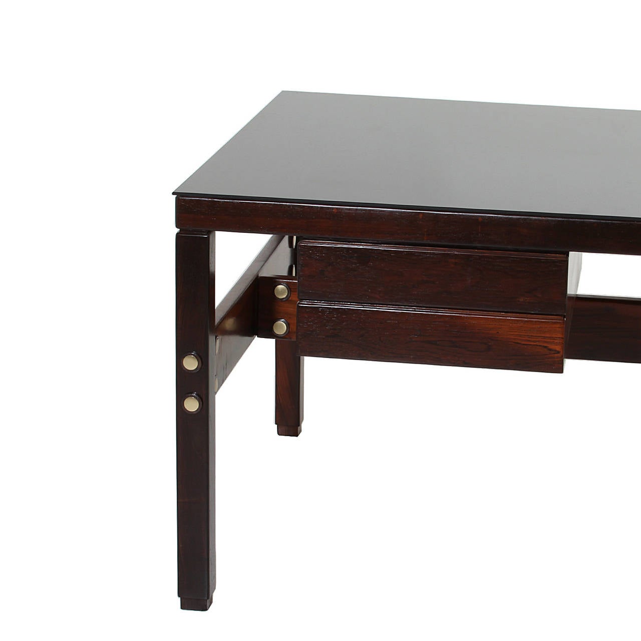 Sergio Rodrigues Rosewood and Brass Executive Desk with Black Glass Top 1
