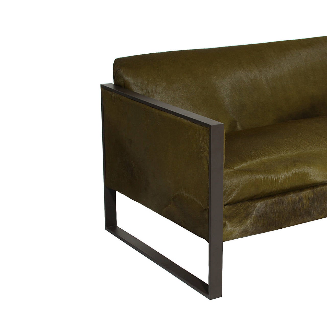 Milo Baughman Steel Flat Bar Sofa in Olive Green Pony Hair 1