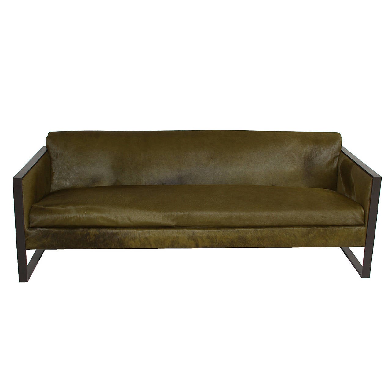 Mid-Century Modern Milo Baughman Steel Flat Bar Sofa in Olive Green Pony Hair