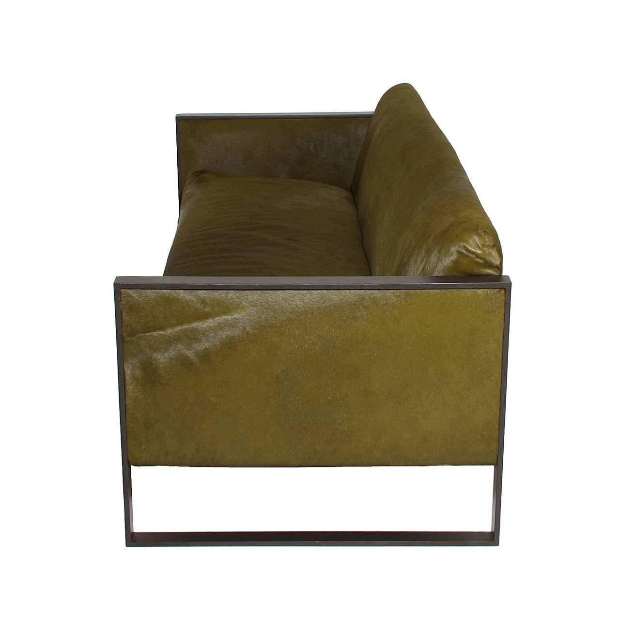 Milo Baughman Steel Flat Bar Sofa in Olive Green Pony Hair In Good Condition In Hollywood, CA