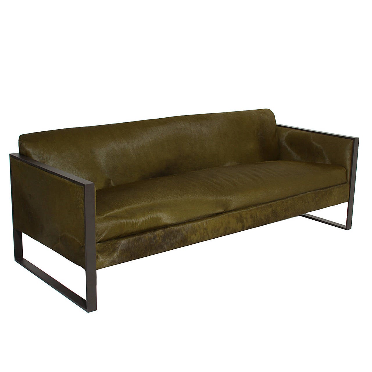 A stunning Milo Baughman sofa with a steel flat bar construction and upholstered in a saturated olive green pony hair upholstery.

Many pieces are stored in our warehouse, so please click on CONTACT DEALER under our logo below to find out if the