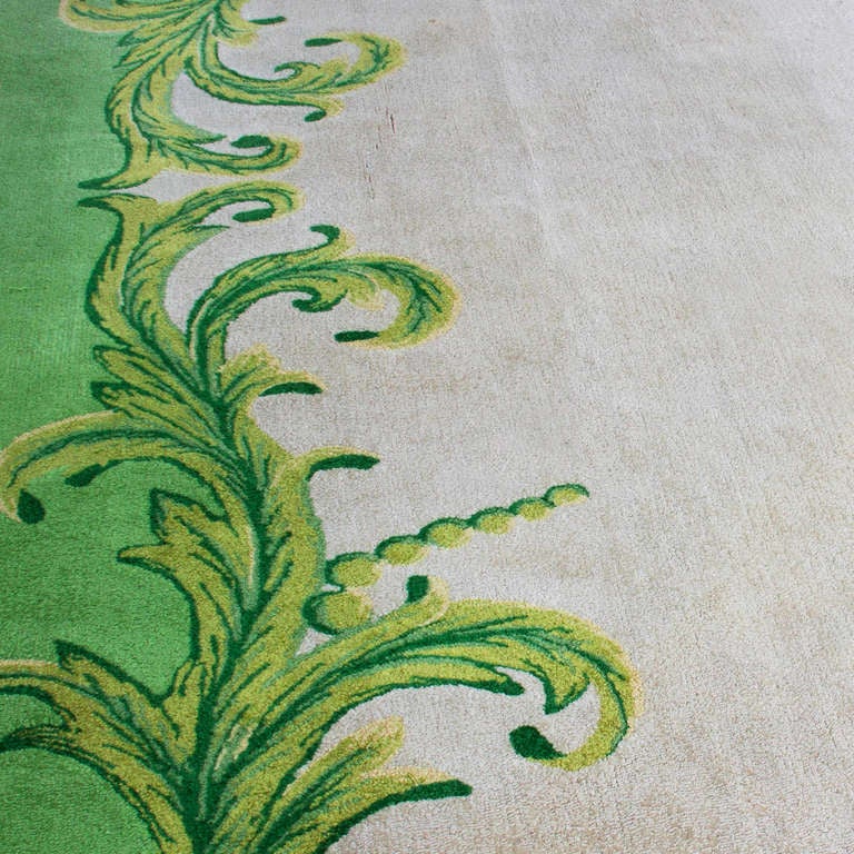 Vintage Green and Cream Leaf Pattern Frame Rug In Good Condition For Sale In Los Angeles, CA