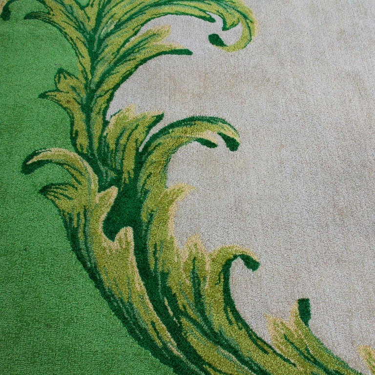 Mid-20th Century Vintage Green and Cream Leaf Pattern Frame Rug For Sale