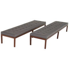 Pair of Large Tufted Grey Walnut Benches By Metropolitan