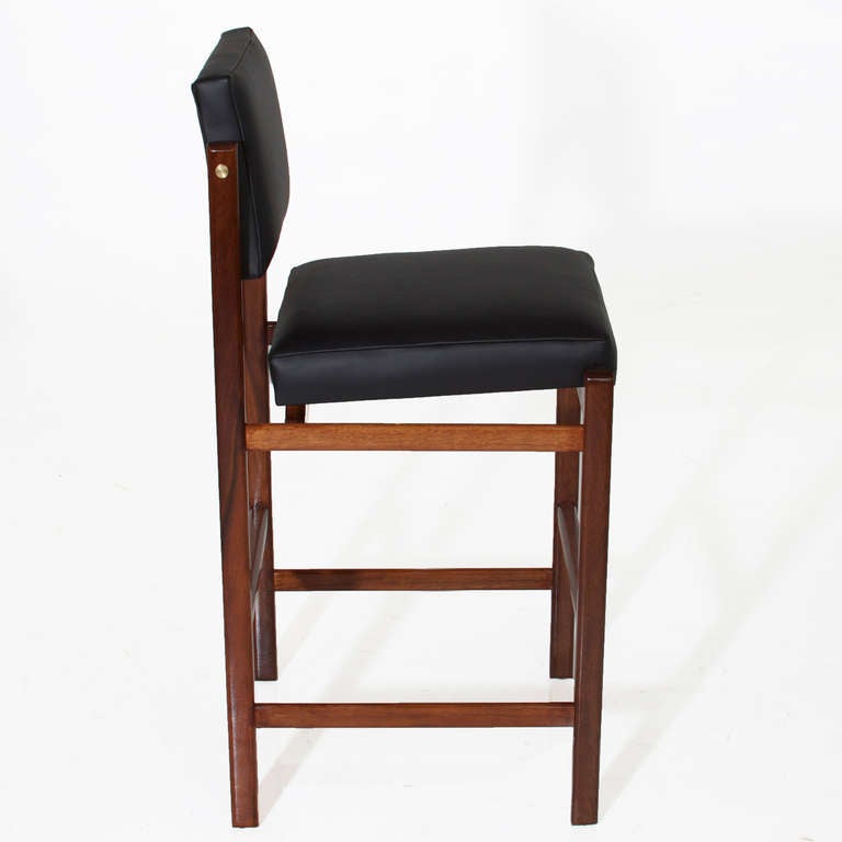 A custom, elegant solid wood stool available in a variety of woods and finishes with solid wood frame, pivoting back, and upholstered seat by Thomas Hayes Studio. The angle of the back creates good lumbar support. The frames are accented with solid
