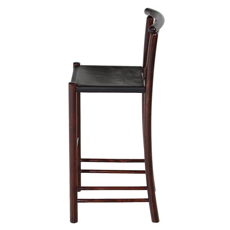 Mid-20th Century Set of Four Bent Wood Danish Bar Stools with Original Black Leather For Sale
