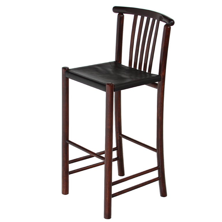 Set of Four Bent Wood Danish Bar Stools with Original Black Leather In Good Condition For Sale In Los Angeles, CA