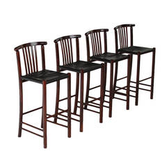 Set of Four Bent Wood Danish Bar Stools with Original Black Leather 8