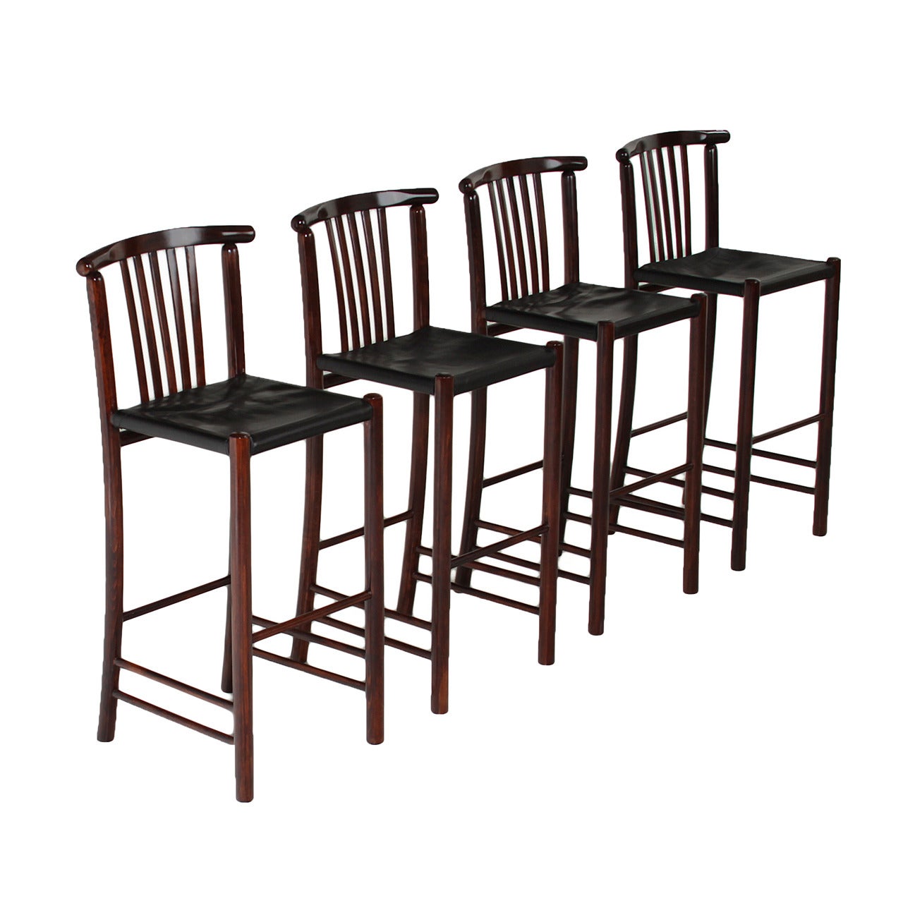 Set of Four Bent Wood Danish Bar Stools with Original Black Leather For Sale